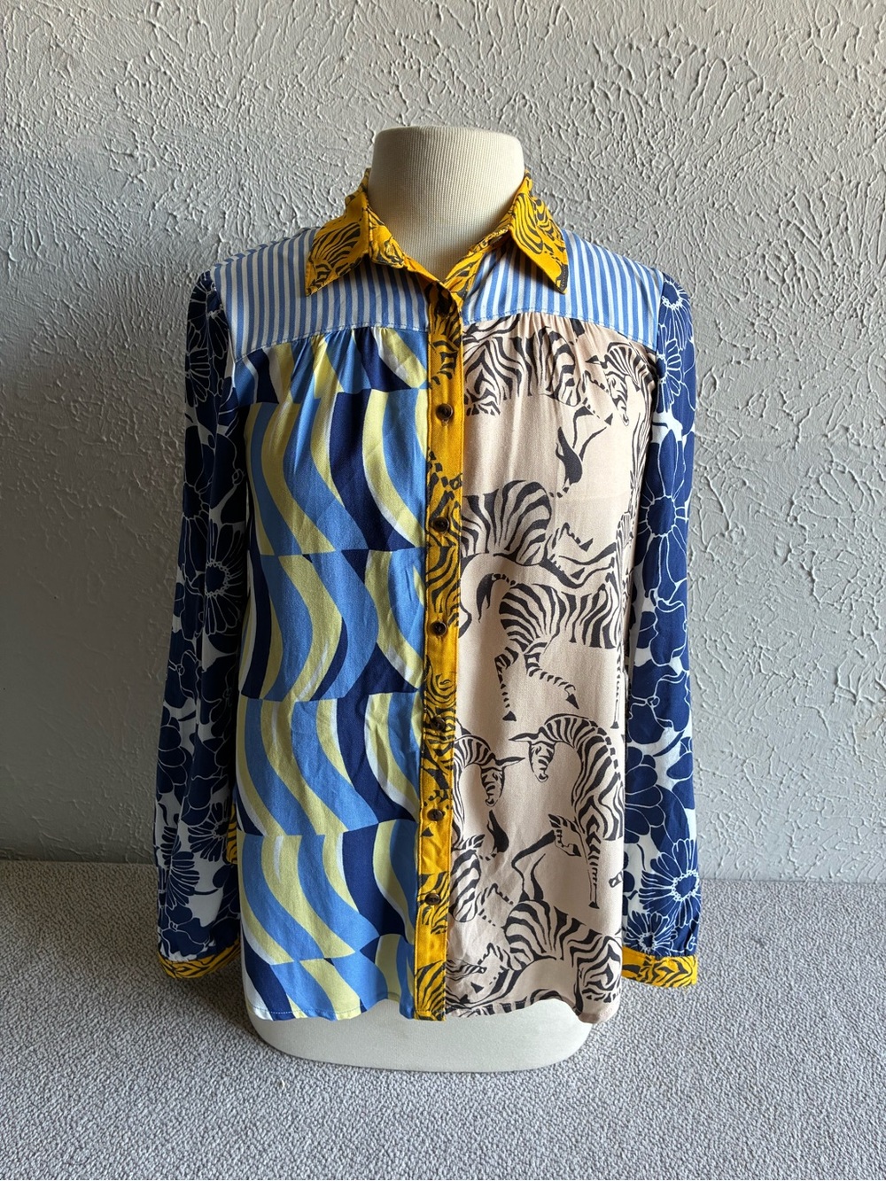 Anthropologie Mixed-Print Button-Down Shirt in Blue, Yellow & Cream